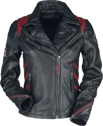 Černě/červená kožená bunda v motorkářském stylu s nášivkami, Rock Rebel by EMP, Kožená bunda