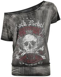 Tmavě šedé tričko se širokým výstřihem a potiskem, Rock Rebel by EMP, Tričko