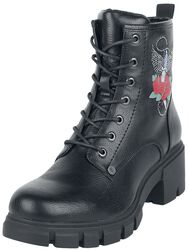 Černé, šněrovací boty s potiskem s růží a kamínky, Rock Rebel by EMP, Boty