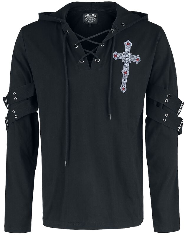 Černé tričko Gothicana X Anne Stokes s potiskem, šněrováním a dlouhými rukávy